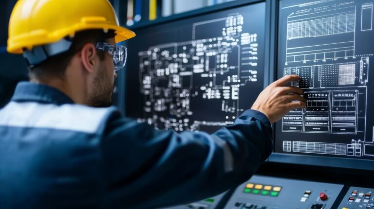 Techniker programmiert eine SPS-Steuerung an einem Bedienpanel
