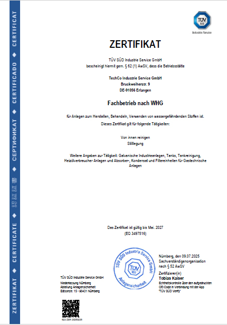 Zertifikat TechCo Fachbetrieb nach WHG